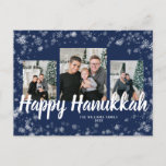 Elegant Happy Hanukkah Postcard<br><div class="desc">Elegant Happy Hanukkah Postcard. This elegant postcard features a festive frame overlay of white snowflakes with white text on a navy blue background with a photo collage of 3 images. The back includes a 4th photo and additional text for personalising.</div>