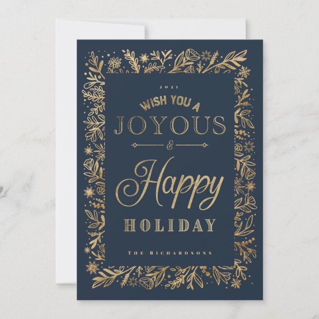 Elegant Happy Holiday Gold Foliage & Snowflakes Card (Front)