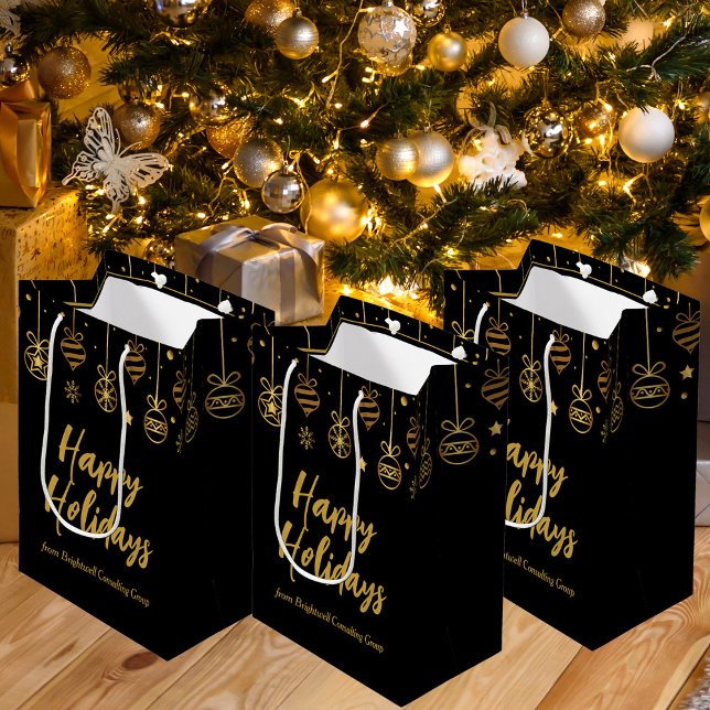Elegant Happy Holidays Black Gold Custom Business Medium Gift Bag (Creator Uploaded)