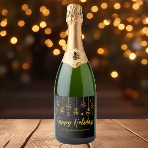 Elegant Happy Holidays Black Gold Custom Party Sparkling Wine Label