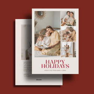 Elegant Happy Holidays Christmas 5 Photo Ivory Red Holiday Card