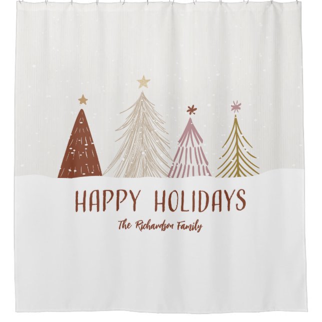 Elegant Happy Holidays Christmas Trees Family Name Shower Curtain (Front)