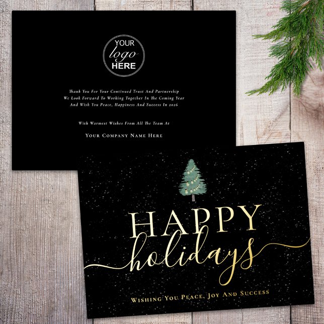 Elegant Happy Holidays Company  Logo Black & Gold (Simple Christmas tree and lights happy holidays company logo black & gold foil business holiday card)