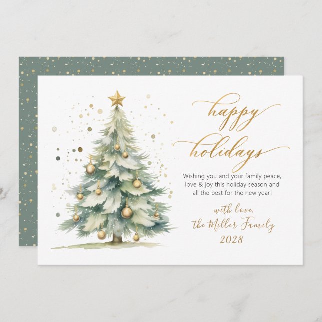 Elegant Happy Holidays Gold Script Christmas Tree Holiday Card (Front/Back)