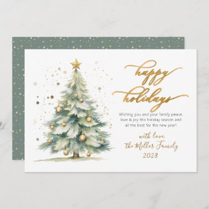 Elegant Happy Holidays Gold Script Christmas Tree Holiday Card