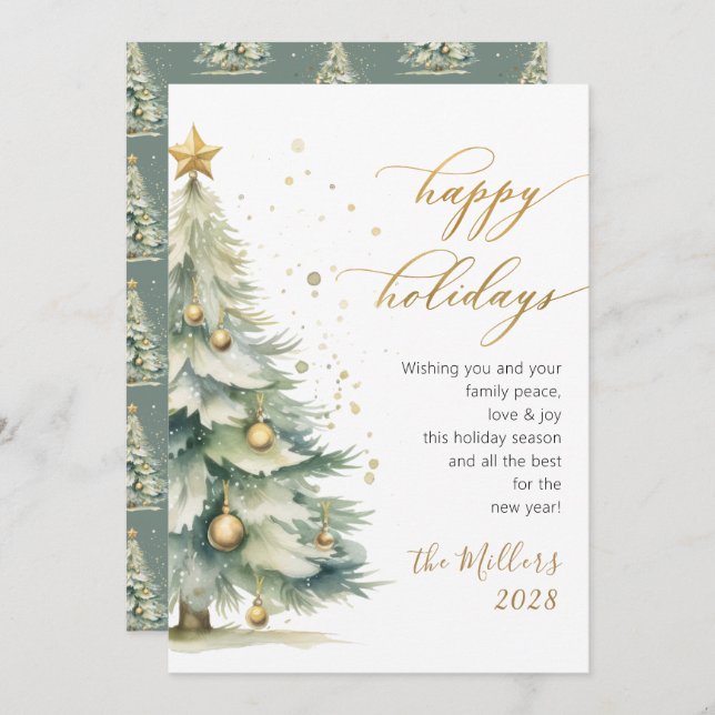 Elegant Happy Holidays Gold Script Christmas Tree Holiday Card (Front/Back)