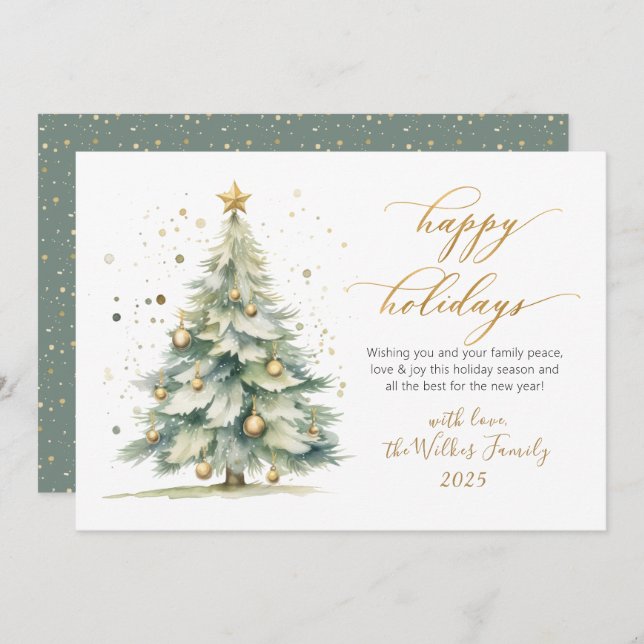 Elegant Happy Holidays Gold Script Christmas Tree Holiday Card (Front/Back)