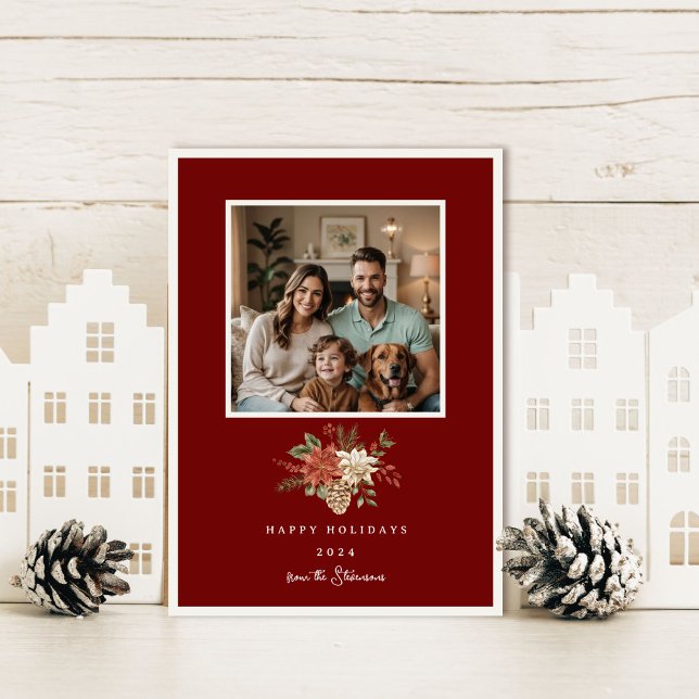 Elegant Happy Holidays Red Poinsettia Photo Holiday Card (Creator Uploaded)