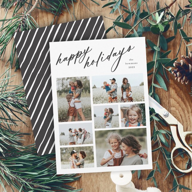 Elegant Happy Holidays Script Typography 7 Photo  Holiday Card (Minimal script happy holidays black and white multi photo collage holiday card with stripe back.)