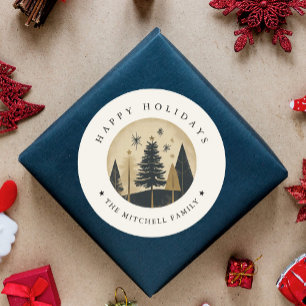 Elegant HAPPY HOLIDAYS Warm Gold Pine Forest Classic Round Sticker