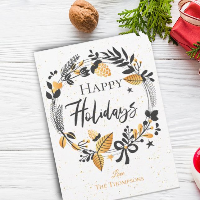 Elegant Happy Holidays Yellow Black Wreath Holiday Card (Creator Uploaded)