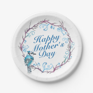 Elegant Happy Mother's Day Blue Wreath Paper Plate