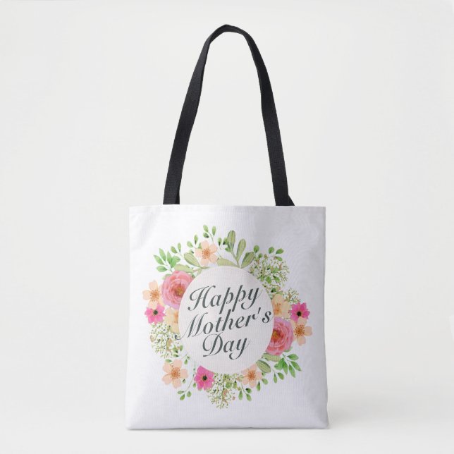 Elegant Happy Mother's Day Floral Frame Tote Bag (Front)