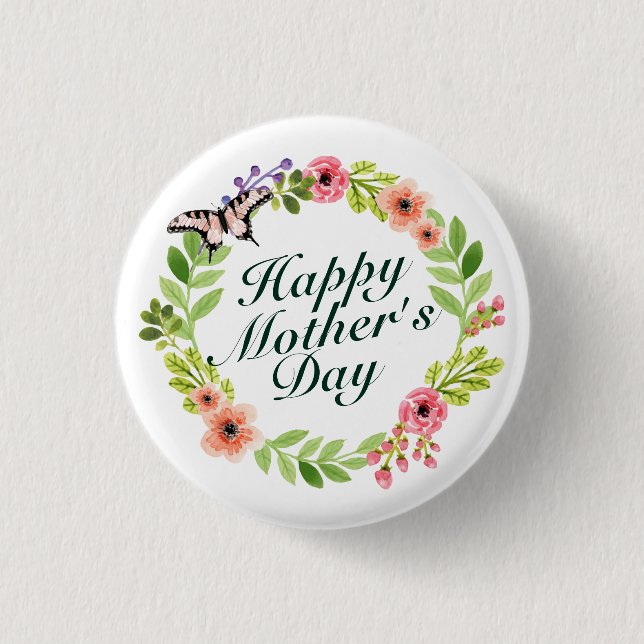 Elegant Happy Mother's Day Floral Wreath Button (Front)