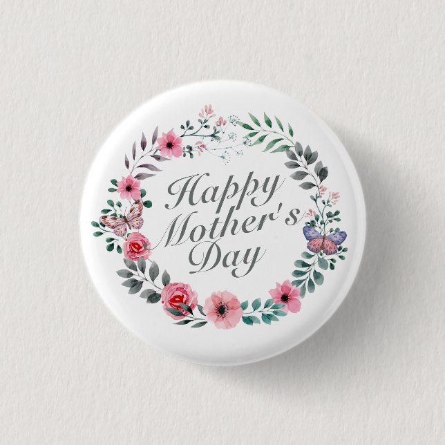 Elegant Happy Mother's Day Floral Wreath Button (Front)