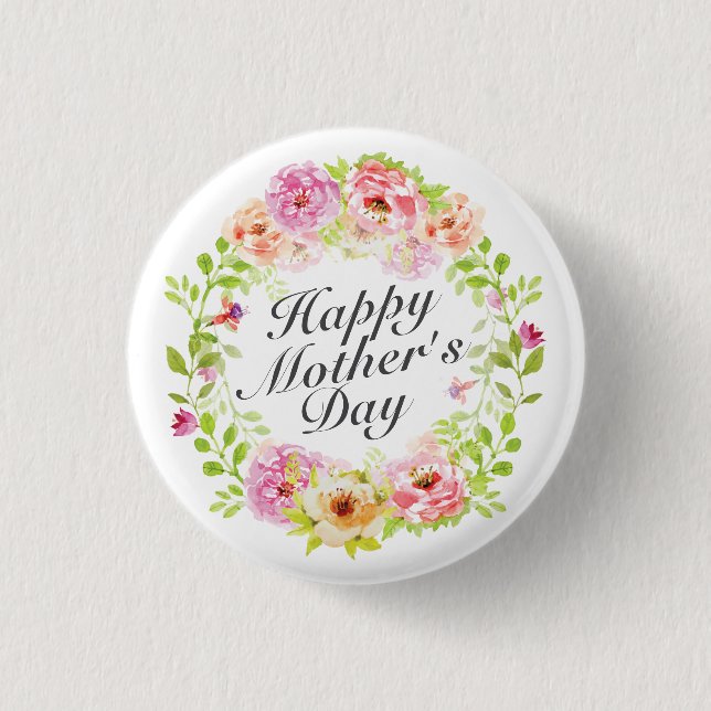 Elegant Happy Mother's Day Floral Wreath Button (Front)