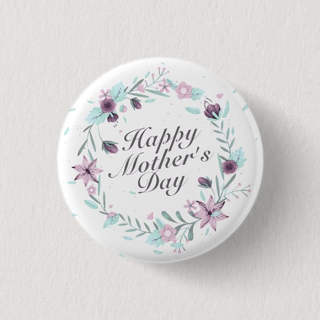 Elegant Happy Mother's Day Floral Wreath Button (Front)