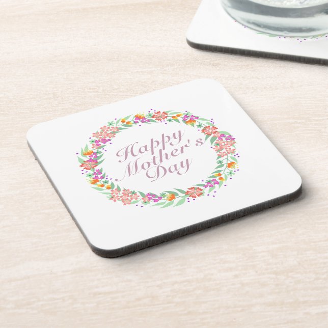 Elegant Happy Mother's Day Floral Wreath Coaster (Left Side)