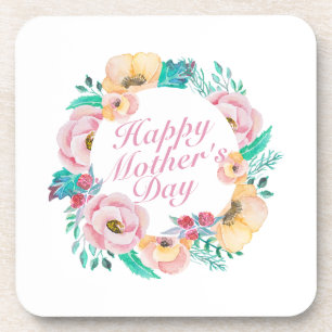 Elegant Happy Mother's Day Floral Wreath Coaster