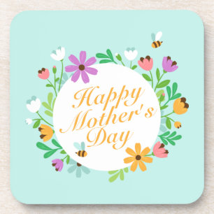 Elegant Happy Mother's Day Floral Wreath Coaster