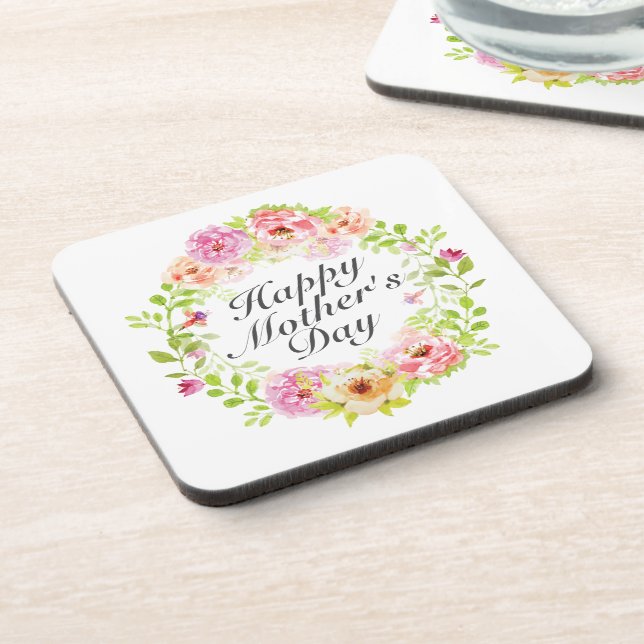 Elegant Happy Mother's Day Floral Wreath Coaster (Left Side)