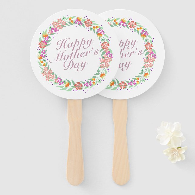 Elegant Happy Mother's Day Floral Wreath Hand Fan (Front and Back)