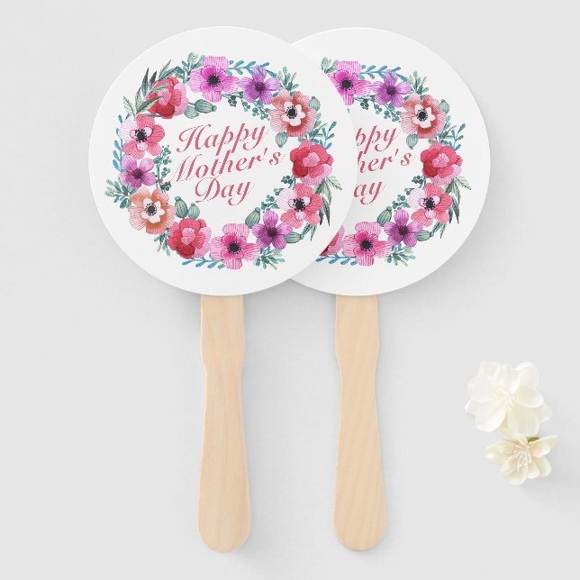 Elegant Happy Mother's Day Floral Wreath Hand Fan (Front and Back)