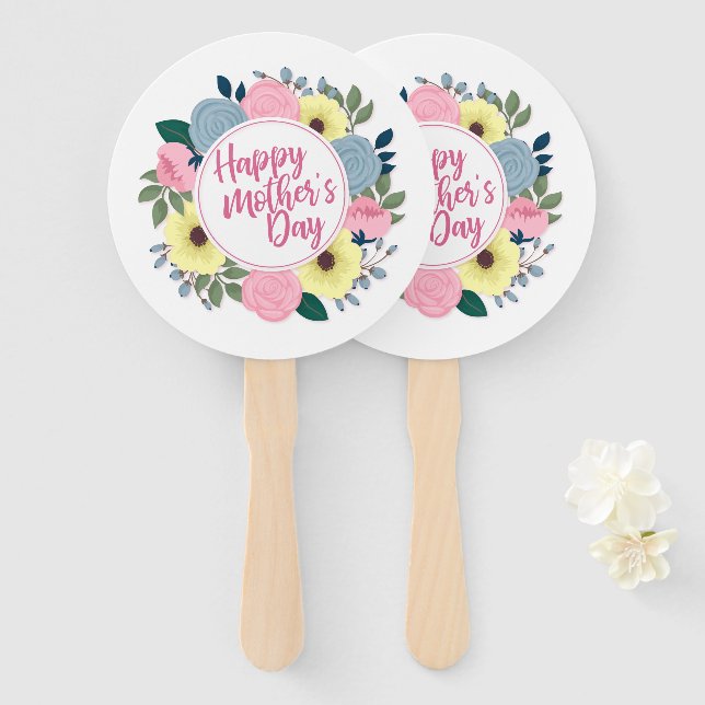 Elegant Happy Mother's Day Floral Wreath Hand Fan (Front and Back)