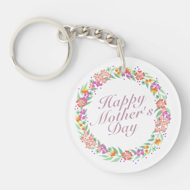 Elegant Happy Mother's Day Floral Wreath Keychain (Front)