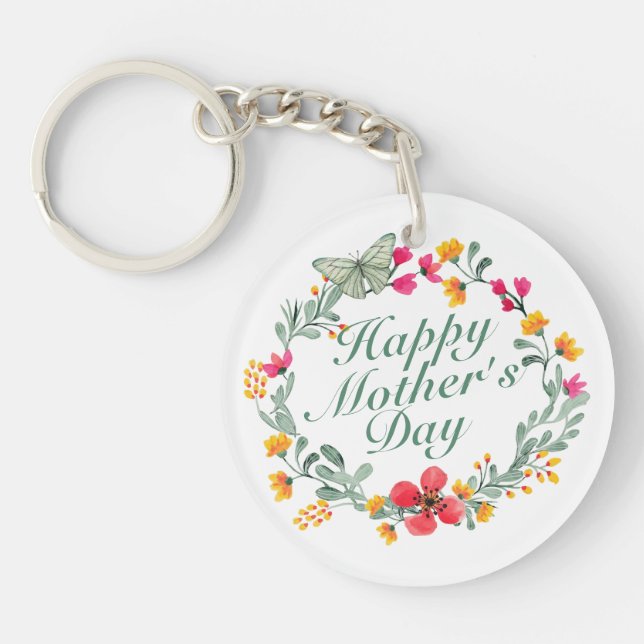 Elegant Happy Mother's Day Floral Wreath Keychain (Front)