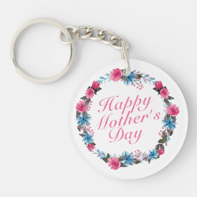 Elegant Happy Mother's Day Floral Wreath Keychain (Front)