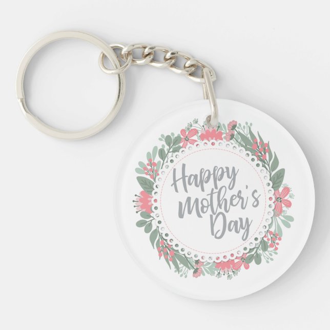 Elegant Happy Mother's Day Floral Wreath Keychain (Front)