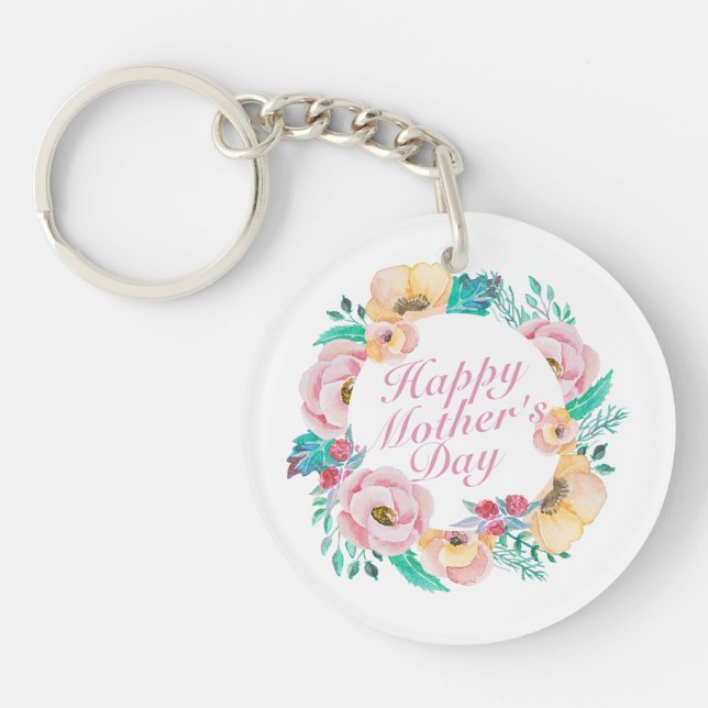 Elegant Happy Mother's Day Floral Wreath Keychain (Front)
