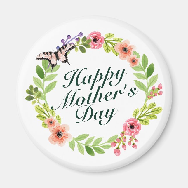 Elegant Happy Mother's Day Floral Wreath Magnet (Front)