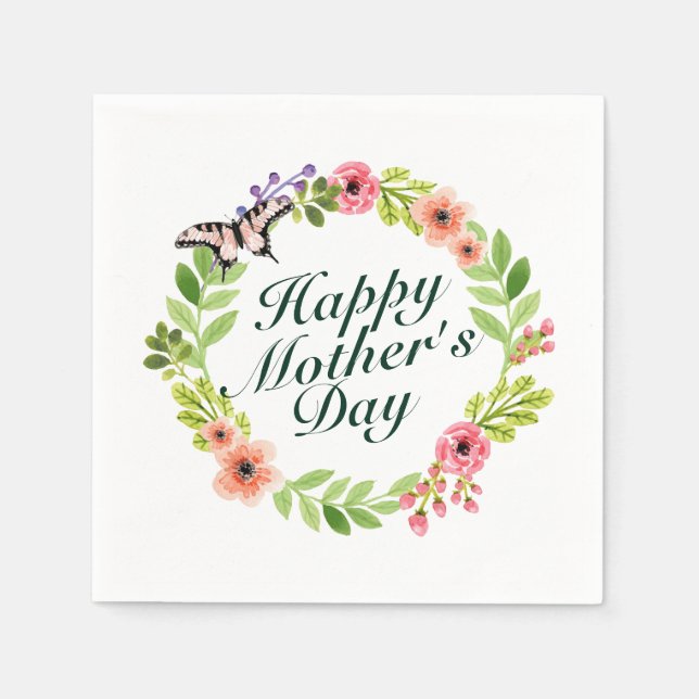 Elegant Happy Mother's Day Floral Wreath Napkin (Front)