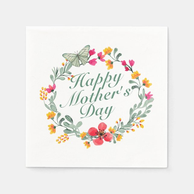 Elegant Happy Mother's Day Floral Wreath Napkin (Front)