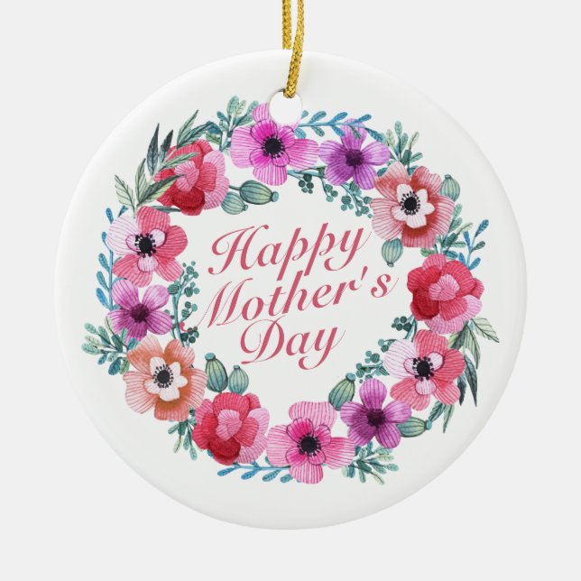 Elegant Happy Mother's Day Floral Wreath Ornament (Front)
