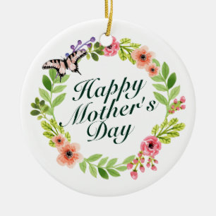 Elegant Happy Mother's Day Floral Wreath Ornament