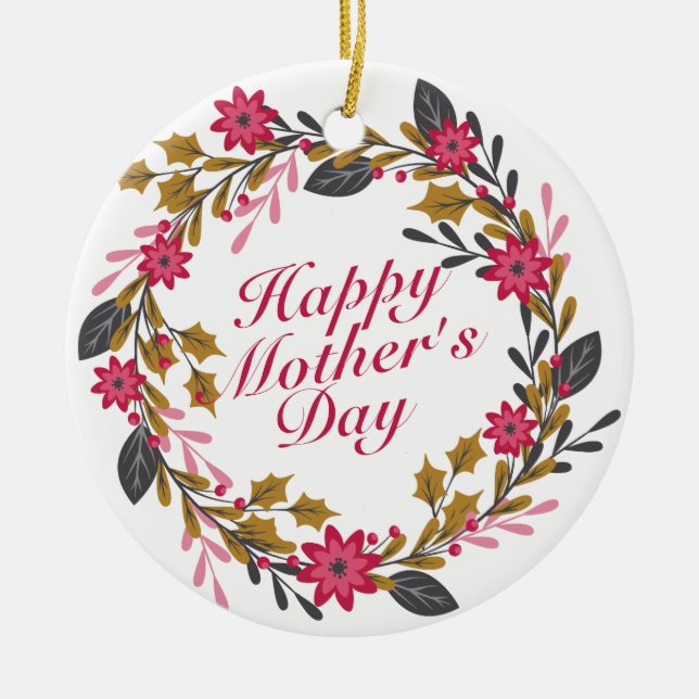 Elegant Happy Mother's Day Floral Wreath Ornament (Front)