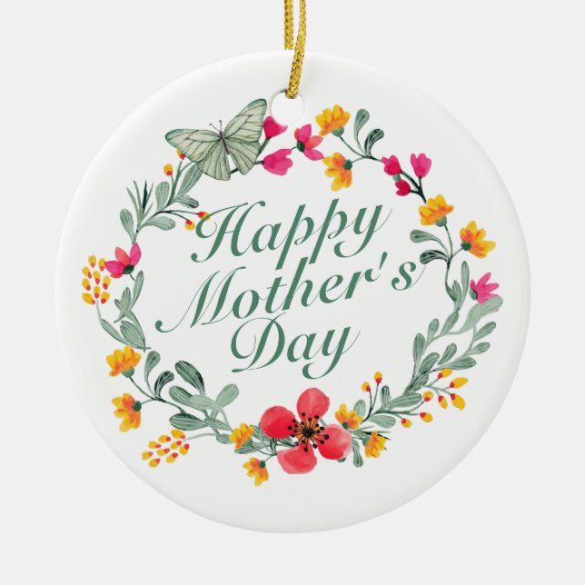 Elegant Happy Mother's Day Floral Wreath Ornament (Front)