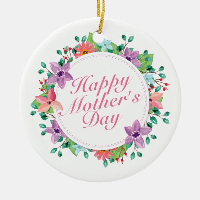 Elegant Happy Mother's Day Floral Wreath Ornament (Front)