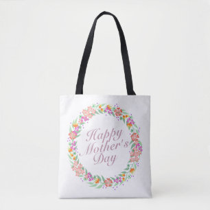 Elegant Happy Mother's Day Floral Wreath Tote Bag
