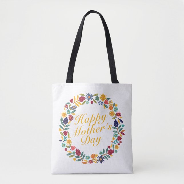 Elegant Happy Mother's Day Floral Wreath Tote Bag (Front)