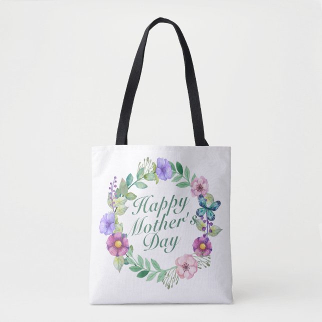 Elegant Happy Mother's Day Floral Wreath Tote Bag (Front)