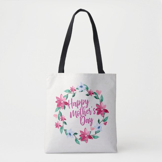 Elegant Happy Mother's Day Floral Wreath Tote Bag (Front)