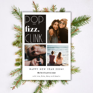 Elegant Happy New Year 3 Photo Collage Friends Holiday Card