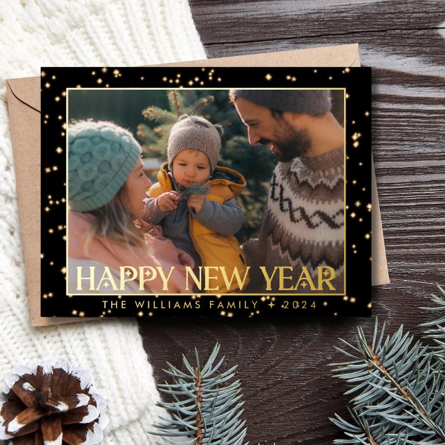 Elegant Happy New Year Photo Gold Fireworks Stars Foil Holiday Postcard (Creator Uploaded)