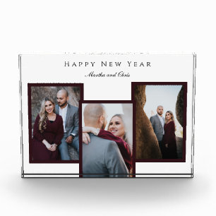 Elegant Happy New Year Script 3 Photo Collage Red Block