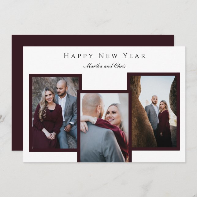 Elegant Happy New Year Script 3 Photo Collage Red Holiday Card (Front/Back)