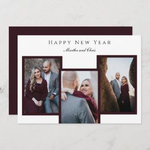 Elegant Happy New Year Script 3 Photo Collage Red Holiday Card
